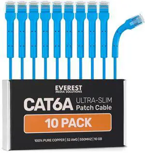 Everest Ultra Slim Cat6a Ethernet Patch Cables 15ft (10-Pack) Blue - 10GB Cat 6a Patch Cable - Bendable, Flexible & Thin Ethernet Cable - Space Saving 32AWG 550MHZ Cat6a Cables - 100% Copper Wires