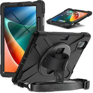 Rugged Case for Xiaomi-Mi-Pad-5 / MiPad-5-Pro 11 inch 2021 w/Stylus Holder & Kickstand, Portable Heavy Duty Hybrid Shock-Proof Cover with 360° Rotatable Handle, Shoulder Strap (Black)