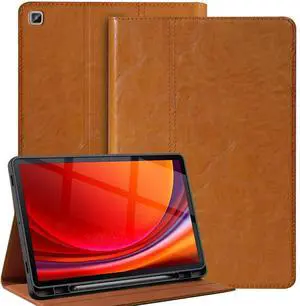 Gexmil Genuine Leather Case for Samsung Galaxy Tab S8/S7 11 Inch with Pencil Holder,Shockproof Protective Adjustable Kickstand Smart Premium Folio Flip Tablet Cover, Yellow Brown