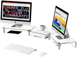 HEWYIOS dual monitor stand riser, 3-layer transparent acrylic monitor stand with anti slip pad, adjustable length and angle, suitable for 2 monitors, desktop, laptop, PC, printer, TV screen
