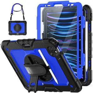 HXCASEAC Case for iPad Pro 11 Inch Case (2022/2021/2020/2018) Shockproof Design with Pencil Holder/Screen Protector/Rotating Hand Strap, Protective Cover for iPad 11 Pro 4th/3rd/2nd/1st, Blue