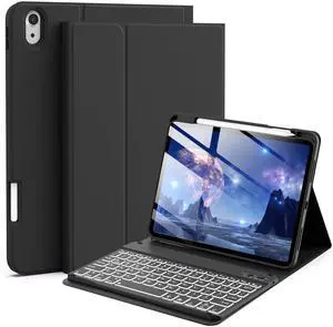 JKSML Keyboard Case for New iPad A16 11th Generation 2025 11in & iPad 10th Gen 2022 10.9in with 7 Colors Backlight Bluetooth Keyboard (Fast Pairing), Right Side Pencil Holder, Soft Silicone, Black