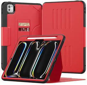 KAIJIAbox Case for iPad Pro 11 Inch M4 2024,Full Body PU Leather Auto Sleep/Wake Shockproof Cover with Strong Magnetic Multi-Angle Stand/Pencil Holder/Card Slot Red