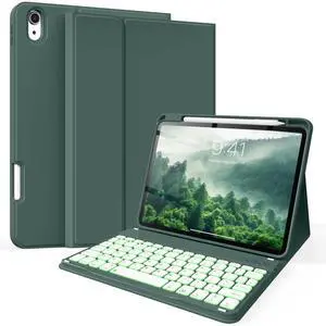 kenke for iPad 11/10th Gen Case with Keyboard 11/10.9 inch 2025 A16/2022, Detachable Wireless Bluetooth Keyboard Case with Right Side Pencil Holder, Backlit White Square Keycaps (Dark Green