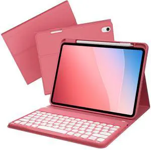 kenke for iPad (A16) 11th/10th Generation Case with Keyboard (11/10.9 Inch, 2025/2022), 7 Colors Backlit Detachable Wireless Bluetooth Round Key Keyboard, Flip Stand Smart Case, Watermelon Red