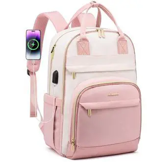 LOVEVOOK Backpack for Women,Laptop Backpack Women,Fits 15.6 Inch Laptop Bag,School Backpacks,Fashion Travel Work Anti-theft Bag,Waterproof Business Computer College Backpack Purse,Beige-Pink-Pink