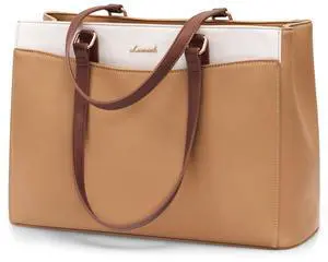 LOVEVOOK Work Tote Bag for Women, Laptop Bag Teacher Tote Bag, Waterproof Leather Computer Bag, Business Laptop Purse Office Handbag Professional Briefcase, 15.6 Inch, Camel-Beige-Brown