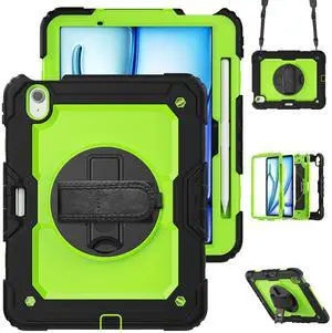 Loyrina for iPad Air 11 inch Case 2025 M3 2024 (M2), Protective 360° Rotating Stand Hand/Shoulder Strap, Pencil Holder & Shockproof Silicone and Hard PC Case for iPad Air 11", Yellow Green