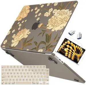 Mektron Ultra Thin Armor Case Compatible with MacBook Air 13.6 inch Printed Cover 2025-2022 M4 M3 M2 A3240 A3113 A2681, Protective Hard Shell with Fold Kickstand, Peony Flowers C186