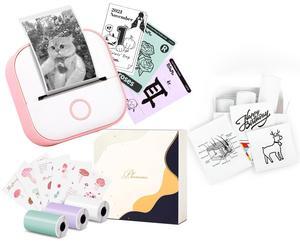 Memoking T02 Portable Small Printer with 3 Rolls Paper, Sticker Printer Machine for Study, Notes, Pictures, Photos, Journals, DIY and 2-Year White Sticky Paper, Pink