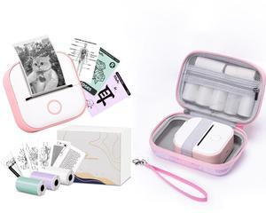 Memoking Mini Sticker Printer - T02 Small Thermal Printer for Phone, Portable Wireless Receipt Printers with 3 Rolls Paper and T02 Hard Storage Case, Pink