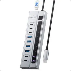 PULWTOP 9-in-1 USB 3.2 Data Hub, Power Adapter NOT Included, Powered USB C Hub with 3 x USBC 10Gbps, 4 x USBA 5Gbps and 2 x 24/45W Type-C PD Charging Ports USB Hub