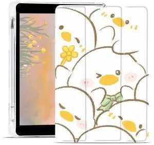 JOYLAND Cute Duck Case for iPad 5th/6th Generation(2017/2018) 9.7 Inch with Pencil Holder, Kawaii Printed Cartoon Leather Clear TPU Back Trifold Stand Cover, Auto Wake/Sleep
