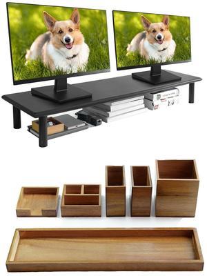 ROCDEER Dual Monitor Stand Riser, Black Desk Monitor Riser for 2 Monitors+ Wood Vanity Tray, 6-Piece Countertop Organizer Vanity Tray Set