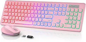 Wireless Keyboard and Mouse Backlit, Quiet Light Up Keys, Tilt Legs, Sleep Mode - Rechargeable USB Cordless Combo for Computer, iMac, PC, Laptop - by SABLUTE (Rose Pink)
