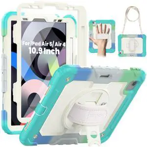 SEYMAC for iPad Air 5th/ 4th Generation Case 10.9", Full-Body Shockproof Protective Case with Screen Protector, Rotating Stand/Handle/Shoulder Strap/Pencil Holder for iPad Air 5/ Air 4, Colorful/Blue