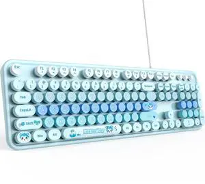 MOFII Wired Keyboard for Windows, Full-Size Typewriter-Style Cute Retro Computer Keyboard,USB Plug and Play, Strong Adjustable Tilt Legs (Blue Colorful)