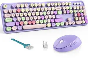 Wireless Keyboard and Mouse Combo, MOFII Full-Size Retro Round Keyboard and Mouse Wireless, 2.4 GHz Wireless USB Receiver, Plug and Play (Purple Colorful)