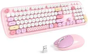 Retro Wireless Keyboard and Mouse Combo, SQMD Full-Size Office Typewriter Keyboard with Round Colorful Keycaps, 2.4G Cute Quiet Mouse for Windows PC, Home, Office, and College - Pink