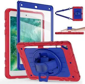 Stweap Case for iPad 6th/5th Generation 9.7'' with Screen Protector Pencil Holder [360 Rotating Hand Strap] &Stand, Drop-Proof Case for iPad 6th/5th/ Air 2/ Pro 9.7 (Red&Blue)