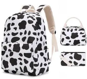 Sunborls Cute Cow Print Teen Girls Backpack with Lunch Bag Pencil Bag Set Back To School Gift Bookbag Casual Daypack Travel Laptop Backpack (Black)