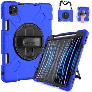 SUPFIVES Case for iPad Pro 11 inch 2022, Upgraded Military Grade Shockproof Protector Silicone Cover Pencil Holder+ Handle+ Shoulder Strap+ Rotating Kickstand for iPad Pro 11 4th Gen 2021/2020, Blue