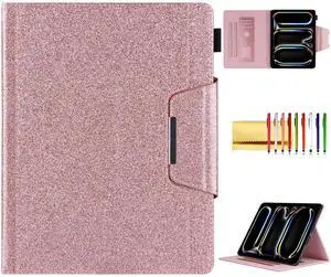 Glitter Case for iPad Pro 13-inch (M4) 2024 7th Generation, Techcircle Folio Stand Smooth Bling PU Leather Soft TPU Back Smart Cover with Pencil Holder & Card Pocket, Auto Sleep/Wake, Shiny Pink