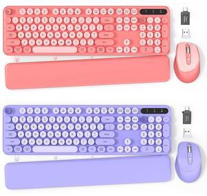 2 Pack Wireless Keyboard and Mouse Combo - Cute Typewriter Keyboard with Detachable Wrist Rest, Retro Round Keycaps, Foldable Legs, 2.4GHz Full-Size Keyboard for PC, Laptop, Windows