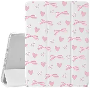Cute Pink Bow Design Case for iPad 9th/8th/7th Generation 10.2 Inch (2021/2020/2019 Release),Girly Protective Case,Pencil Holder & Clear Transparent Soft TPU Back & Trifold Smart Pad White Cover