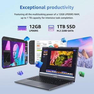 VIGSENUP Laptop, 12GB LPDDR5 RAM, 1TB SSD, 15.6 Inch Laptop Computer, Win 11 Pro, N95 Quad Core Processor, Up to 3.4GHz, Preinstall Office Pro Plus 2024, WiFi 5, BT 5.0, USB-C, Webcam, Fingerprint