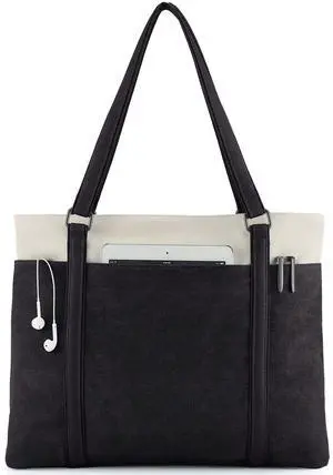 Wxnow Durable 15.6" Women's Canvas Tote Bag - Lightweight Laptop Purse with 12 Pockets, Water-Resistant Work Bag for Office, College, Travel (Black)