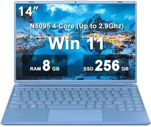 WOZIFAN 14" Laptop 8GB DDR4 256GB SSD Celeron N5095 (Up to 2.9Ghz) 4-Core with Cooling Fan 1920 * 1200 2K FHD Screen Dual WiFi Support 1TB SSD Expand for Business Study-Blue
