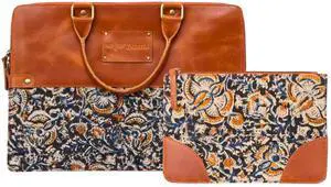 ZAARIYA Bundle of Handcrafted Laptop Bag and Accessories Pounch Bag for Cosmetic Toiletry Bag/Purse Organization | Made from Leather with Hanablock Fabric