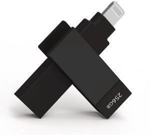 PioData Apple MFi Certified Black iXflash 256 GB Backup Photo Stick 2-in-1 USB Type A & Lightning, USB for iPhone, iPad, External Photo Storage for iPhone and Computer