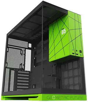Geometric Future M5 Tempered Glass Mid Tower, E-ATX/ATX Gaming Case, 1.2mm Steel, Type C, Toolless Panels, Support 420/360 Radiator, Dual-Chamber, Black/Green, GEO-M5-BNY