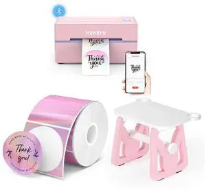 MUNBYN 130B Bluetooth Thermal Label Printer+2" Circle Holographic Thermal Label Stickers Pink+Label Holder for Rolls and Fanfold Labels