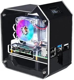 Waveshare Mini Tower Case NAS Kit Compatible with Raspberry Pi 4B Supports Up to 2TB M.2 SATA Strong Heat Dissipation OLED Screen Display