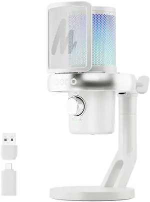 MAONO Wireless Gaming Microphone, Noise Cancellation USB Computer PC mic with Software, AI Change Voice, Custom RGB Lights, Mute, Gain, Monitor for Recording Streaming Podcast DM40 Pro White