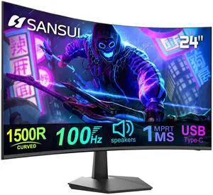 SANSUI Curved Monitor 24 inch 100Hz USB Type-C Computer Monitor with Built-in Speakers- MPRT 1ms,Adaptive Sync,HDR,1500R,VESA 75x75mm Compatible, for Home and Office(HDMI Cable Include ES-24C1)
