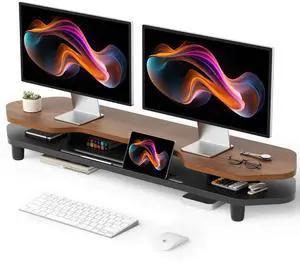 Dual Monitor Stand Riser, 39.4 Inch Large Monitor Stand with Storage Shelf, 2-Tier Desk Organizer for PC, Laptop, Printer | 2 Slots for Phone/Tablet, Computer Monitor Riser, Wood Desk Shelf for TV