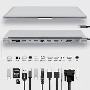 USB C Hub Multiport Adapter 12 in 1 - Dual 4K HDMI/VGA, USB Ports, 3.5mm Audio, PD 100W, SD/TF, Ethernet - Laptop Docking Station for MacBook/Dell XPS/More Type-C Devices