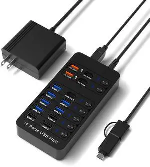 Powered USB Hub, Arector 14 Ports USB 3.0 Splitter Hub with 4 Smart Charging Ports, 10 USB A Ports, Individual On/Off Switches, 12V-24V Power Adapter, USB 3.0 5Gbps High Speed Transfer, USB