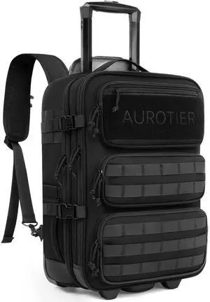 AUROTIER Rolling Tactical Laptop Backpack, 17 Inch Wheeled Military Computer Backpack for Men and Women, Roller Carry on Luggage for Work Travel, Overnight Molle Outdoor Hiking Bag with Wheels, Black