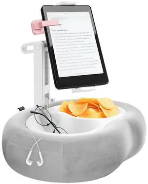 DNIWS Adjustable Tablet Pillow Stand with 360deg Rotating Holder, Detachable Snack Tray & Storage Pockets, Soft Washable Velvet for 5-12.9 Inch Devices