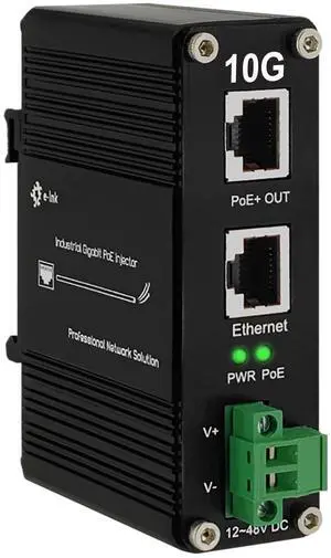 Elenzk 10G PoE Injector - Industrial 10 Gigabit IEEE802.3at 30W Hardened POE Adapter with 12-48V DC Input DIN- Rail, IP40 Aluminum Case, for 10G Wireless Router/AP/Wi-Fi Range Extender