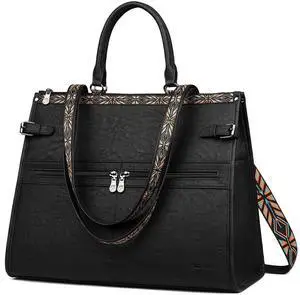 FADEON Laptop Bag for Women Designer PU Leather Large Tote Bags Packpack Purses with 15.6 Laptop Compartment Travel Shoulder Handbag Black