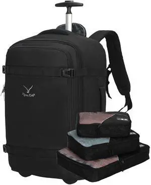 Hynes Eagle Rolling Backpack 42L Backpack with Wheels Airline Approved Carry on Luggage Laptop Travel Suitcase Bag for Women Men Jet Black with 3PCS Packing Cubes Set Black