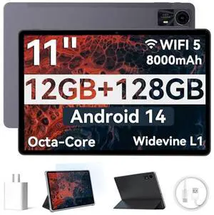 HUIHUANG Tablets 11 inch Android 14 Tablet with Case, Octa-core 12GB RAM+128GB ROM,8000mAh Tablet with Dual Band WiFi/BT 5.0/GPS/PD Fast Charge/FM Radio - Black