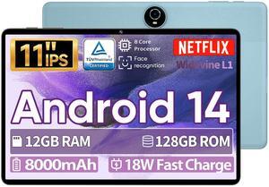 JIKOCXN 11'' Android 14 Tablet for Streaming & Work, 12GB+128GB, 1TB Expandable, Widevine L1 Certified, 8-Core Unisoc T606, 5G WiFi, 8000mAh Fast-Charge Battery, Face Unlock (Blue)