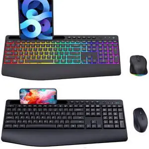 Ergonomic Wireless Keyboard and Mouse Combo Full-Sized Silent Design with Phone Holder for Windows PC Laptop